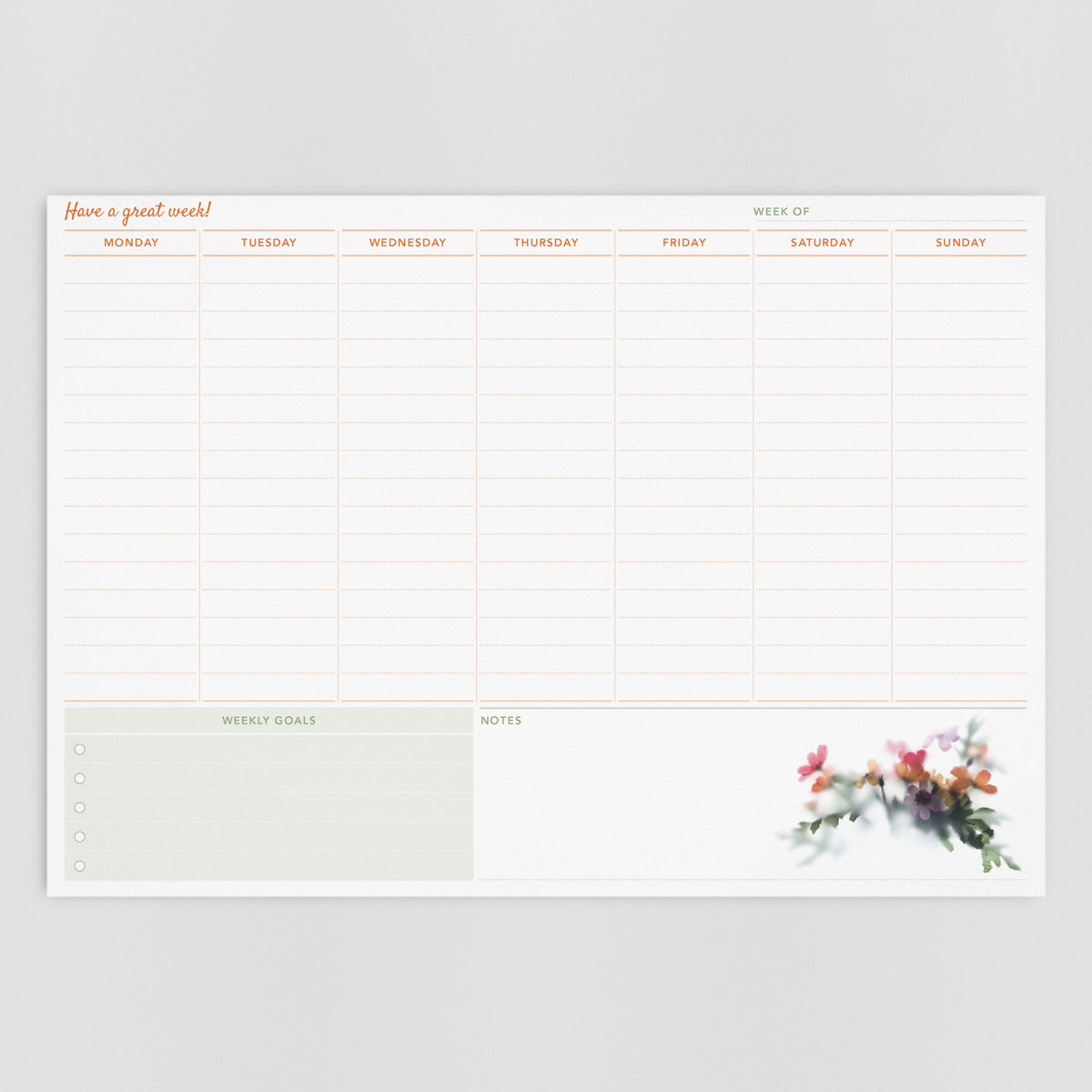 A4 weekly planner pad with minimalist floral design | Flora Rozita
